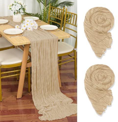 2 stycken Beige Gasväv Bordslöpare, 55 x 300 cm Ljusbrun Ost Bordslöpare för Bröllop Bachelor Baby Shower Födelsedagsfestdekorationer