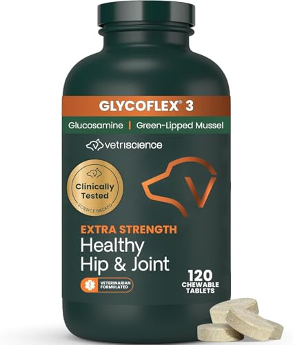 VetriScience Extra Strength Healthy Hip & Joint Chewable Tablets, GlycoFlex Glucosamine and Green-Lipped Mussel Joint Support Supplement for Dogs, Soothe Joint Discomfort, Chicken, 120 Count