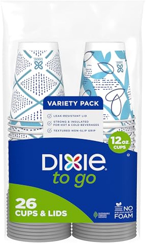 Dixie To Go Paper Coffee Cups With Lids, 12 oz, 26 ct, Disposable Insulated Paper Cups for On-The-Go Hot or Cold Beverages