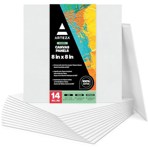 ARTEZA Canvas Boards for Painting, 8 x 8 Inches, Pack of 14, Blank White Canvas Panels for Acrylic, Oil and Gouache Painting