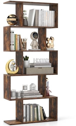 CASART 5/6 Tier Wooden Bookcase, Free Standing Shelving Stand Rack, S-Shaped Bookshelf Storage Display Unit (Brown,70 x 24 x 158cm)