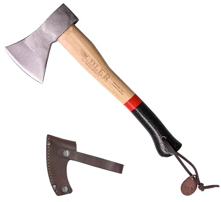 Adler Rheinland Hatchet – German Forged Camping Bushcraft Axe w/Leather Sheath, Head 1-1/4 lb 14 Hickory Handle, C60 Carbon Steel, Compact Hiking Hatchet for Kindling, Wood Carving Outdoor Use (A2)