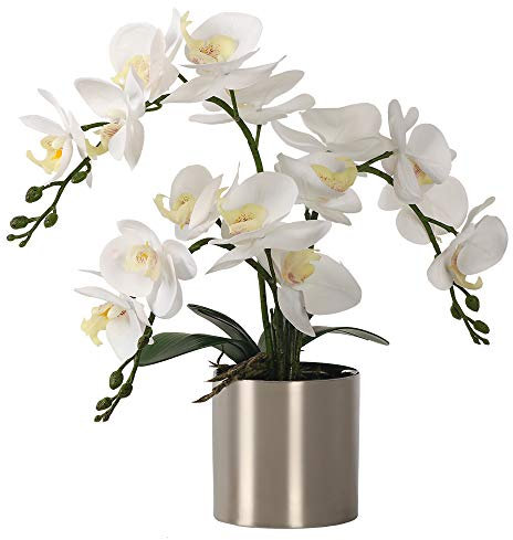 LESING Künstliche Orchideen-Blume mit Vase, weiße Orchidee, Bonsai, künstliche Orchidee, Phalaenopsis, Blumentopf, Arrangements für Heimdekoration (weiß, silberfarbene Vase)