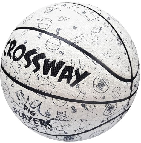 MAIBOLE Pallone da basket CROSSWAY Street College, taglia 7, per uso interno/esterno, 29,5 pollici, pallone bianco in pelle sintetica assorbente (PU) per allenamento, incluso un gonfiatore.