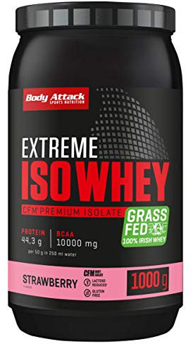 Body Attack Extreme Iso Whey Protein Pulver Strawberry, 1 kg Protein Pulver, leicht löslich & schnell verdaubares Whey Isolate - aus 100% irischer Weidemilch