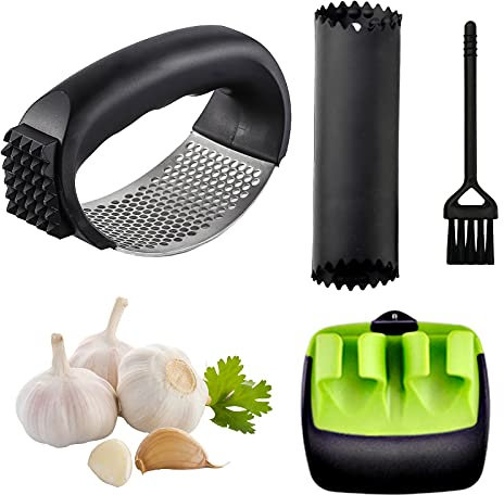 Garlic Press Rocker Stainless Steel Garlic Crusher Kitchen Ginger Garlic Mincer with Silicone Peeler and Cleaning Brush