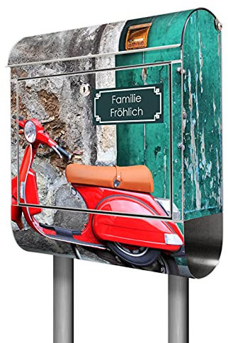 banjado® Briefkasten mit Standfuß personalisiert Motiv Italienischer Roller - Stand Briefkasten Edelstahl mit Zeitungsfach - Postbox/Postkasten A4 Einwurf inkl. Montagematerial & 2 Schlüssel