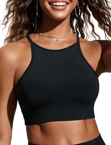 CRZ YOGA Damen Bikinitops Stehkragen Bikini Sport BH Racerback Gepolstert Bikinioberteil Sexy Bikini Oberteil Schwarz 40