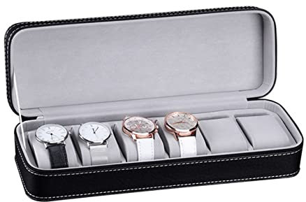 Guolich Uhrenbox 6 Slots Kunstleder Vitrine Organizer Schmuckaufbewahrung Schwarz Mit Reißverschluss für Herren Damen
