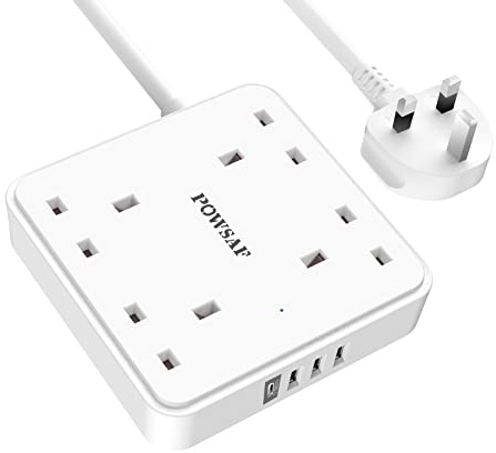 POWSAF 4 Way Extension Lead with 4 USB Slots (3.4A, 1 Type C and 3 USB-A Ports),Power Strip Extension Cord with 4 Plug Extension Socket and 2M Extension Cable for Home Office Travel,White
