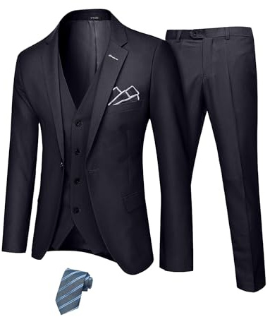 YND Men's 3 Piece Suit Set with Stretch Fabric, Slim Fit One Button Solid Jacket Vest Pants, Prom Party Wedding Business Suit, Black Medium