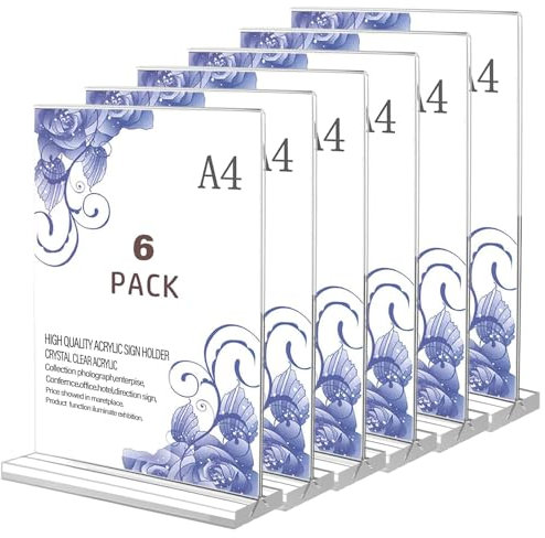 Flow fire 6 Stück Acryl A4 Tischaufsteller, T-Ständer Aufsteller, A4 Werbeaufsteller Preisschilder Ständer für Restaurant, Menükarte, Theke