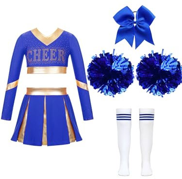 iiniim Mädchen Cheer Leader Kostüm Cheerleading Uniform Kleid Langarm Crop Tops mit Rock Pompoms Socken Cosplay Halloween Fasching Karneval B Blau 146-152
