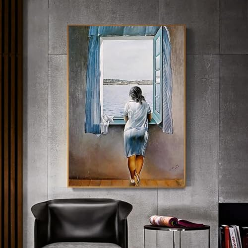 Chica en la ventana pintura lienzo cartel Salvador Dali arte de la pared mujer mar azul imagen para la sala de estar decoración del hogar 40x60 cm sin marco
