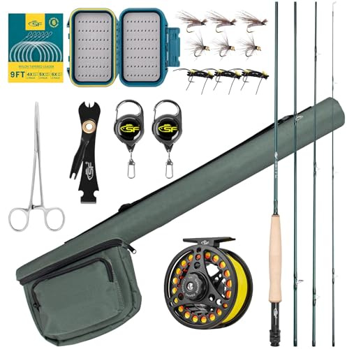 SF Fishing Rod Combo Starter Kit 4 Piece 5WT 9FT Emerald Green 24T Carbon Fiber Trout Fly Rod with Reel, Rod Case, Fly Box with Flies, Tapered Leader, Knot Tying Tools
