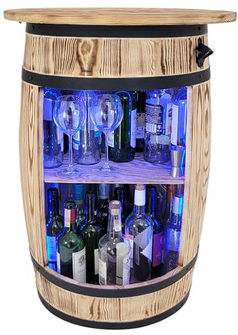 weeco Barschrank mit tischplatte und LED RGB Leuchten - Tisch Home bar - Fassbar - Weinregal Holz - Retro deko Bar Regal - Holzfass mit Deckel - Minibar Gin Whisky Bier Tabelle 80x50cm