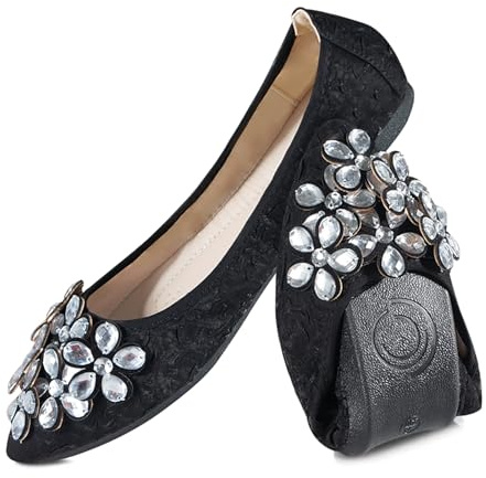 YOUNIFIZ Women's Elastic Foldable Portable Pumps Sparkly Rhinestones Ballet Ballerina Slip On Flats Dolly Shoes (Black-3,Size 7)