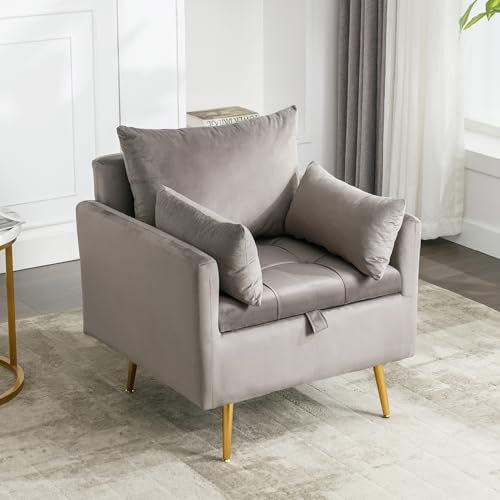 Merax Fauteuil en velours Teddy avec coussin, fauteuil lounge avec accoudoirs, pieds en bois, moderne, canapé simple, fauteuil de relaxation, pour salon, salle de lecture, gris 4