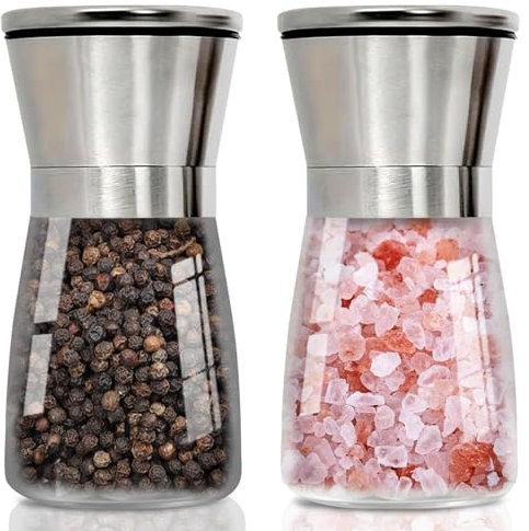 Salt and Pepper Grinder Set - Solid Pepper Grinder Manual Salt and Pepper Grinders, Glass and Stainless Steel Spice Mills with Adjustable Coarseness