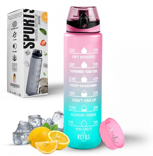 Roe Tenpo Water Bottle 1L, Sports Water Bottle with Time Markings, BPA-Free, Leak-Proof Drinks Bottle, Perfect for Running, Cycling, Gym, Yoga, Camping and Outdoor Activities, Pink-Mint Green