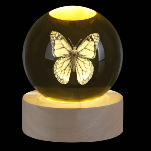 Sahoottie 60mm 3D Butterfly Crystal Ball Butterfly Gifts for Women | Engraved Crystal Ball with Wood Stand Paperweight Figurine Glass Ornament Office Desk Accessories for Home Decor
