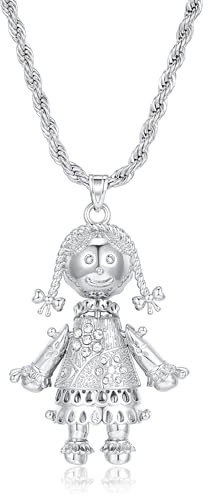 THE BLING KING Silver Rag Doll Pendant Necklace for Women, Clear Stone Doll Charm, 24-Inch 5mm Rope Chain, PVD Silver Plated Statement Necklace, Gift for Her