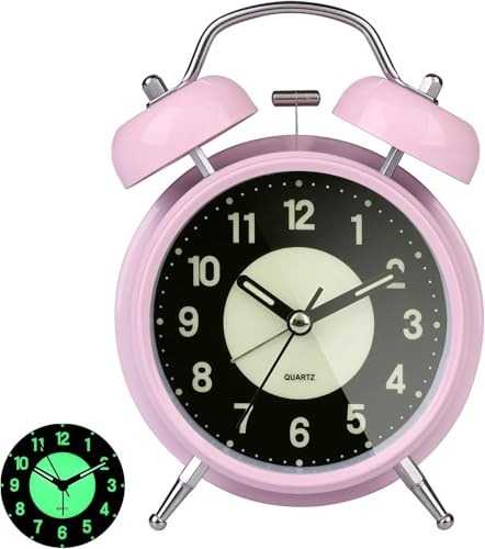 GINZER Traditional Retro Twin Bell Alarm Clock, Non Ticking Silent Bedside Alarm Clock with Backlight, Desk Clock With Nightlight, Loud Alarm for Heavy Sleepers Kids Bedrooms Office, Battery Operated