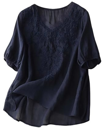 Angxiwan V Neck T Shirts for Women UK Linen Tops for Women UK Plus Size Short Sleeve Tunic Blouse Retro Jacquard T-Shirts Baggy Loose Fit Shirt Lightweight Flowy Denim Shirts
