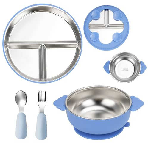 Noosverl 2 piatti a ventosa per bambini, in acciaio inox, 1 forchetta e cucchiaio in acciaio inox, antiscivolo, accessori BLW, adatti per la lavastoviglie, senza BPA, colore: blu