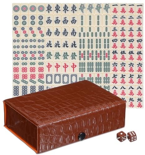 BESPORTBLE Portable Mahjong Set Mini Mahjong Game Set with 144 Tiles 2 Dice 2 Blank Tiles and Outer Box Travel Kit for Family Gathering Party Game Tabletop Entertainment