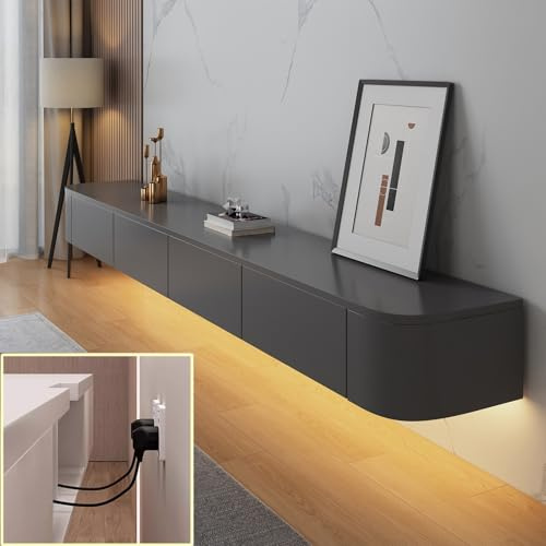 XDXINY Svävande TV-mediekonsol, väggskåp, TV-bänk, stor förvaringsenhet under TV, nedsänkt skåp med lådor och routerstativ (grå + LED, 120 x 20 x 24 cm)