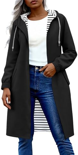 KOG Regenjacke Damen Wasserdicht Lang Windbreaker Freizeit Windjacke Sport Jacke Solid Oberteile Frauen Softshelljacke Basic Mode Festival Jacke Teenager Mädchen Radjacke Schwarz L