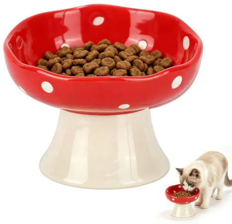 Comedero para gatos, comedero elevado, comedero para gatos, en forma de seta, de cerámica con diseño inclinado de 15 grados, para comida para gatos y agua