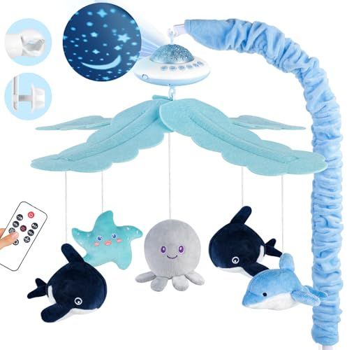 VZO Baby Mobile Babybett, Mobile Baby mit Musik und Projektion, Mobile Wickeltisch Baby Mobiles für Bett, Spieluhr Baby Mädchen Junge, Baby Spielzeug 0 3 6 9 12 Monate Blau