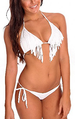 ToBeInStyle Women's White Triangle Fringe Bikini with Tie Side Bottom - L