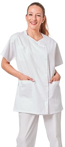 Hurry Jump Label Blouse Tunique médicale et esthticienne col trapèze 3 Poches Sergé 210 gramme Couleurs Blanc Pressions inoxydables Lavage Machine 90 degrés ou Industriel T3-44/46