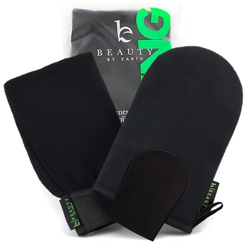 Beauty By Earth Autobronzant Mitt; Ultra Soft double face, Lavable,Visage Applicateur Tan Lotion pour le corps d'application Gants Kit avec Mitts Exfoliant & Remover