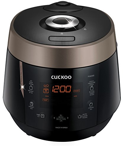 CUCKOO High Pressure Rice Cooker 6-Cup Uncooked / 12-Cup Cooked with Nonstick Inner Pot, Versatile Rice Maker with 12 Menu Options and Steam Plate, Fuzzy Logic Tech, Voice Guide, Black (CRP-P0609S)