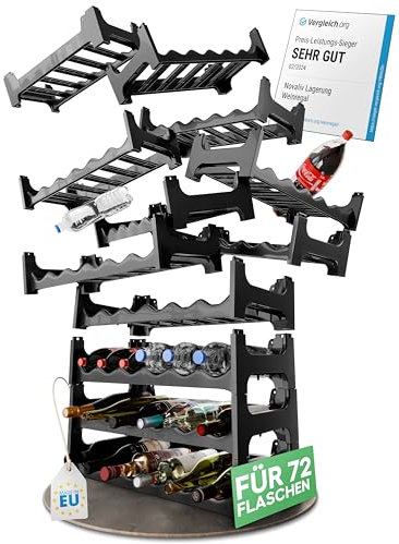 Novaliv Modulares Flaschenregal für 72 Weinflaschen - Weinregal Kunststoff stapelbar, Schwarz, Recycelt, Erweiterbar, Robust - Ideal für Weinlagerung in Keller, Gastronomie & Zuhause, Getränkeschrank