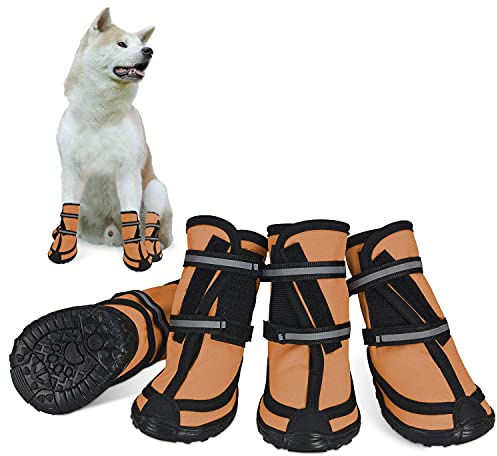 Dociote Zapatos para Perros, 4Pcs Antideslizante Botas con Correas Resistente, Impermeables Protectores de Patas para Perros Medianos y Grandes Naranja L