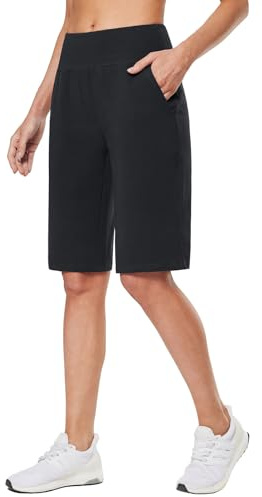 baleaf Women's Bermuda Shorts Long Knee Length Cotton Shorts High Waisted Tummy Control Casual Work Lounge Black L