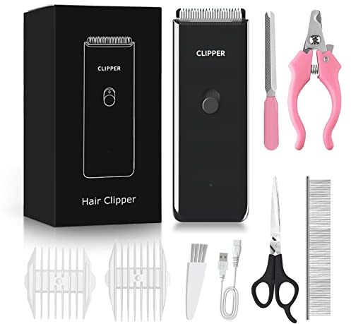 Dog Grooming Kit Electric Low Noise Pet Paw Trimmer with 9-Pieces, Black | Cordless Dog Cat Clippers for Home Hair Grooming, Waterproof Pet Grooming Tools with 9-Pieces,R-Sharped Ceramic Blade,6000rpm