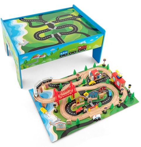 Maxmass Wooden Train Track Set, Kids Railway Play Table with 100 Pieces Toy and Rolling Storage Drawer, City Train Activity Playset for 3+ Years Old (80PCS, 83 x 60 x 40 cm)