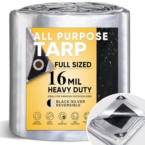 GZBtech 16Mil Heavy Duty Tarp 15x25FT, Waterproof Thick Plastic Ground Cover for Outdoor Patio Garden Yard Use, UV Resistant Poly Tarps for Trailer Car Truck Bike Pool Firewood Silver&Black