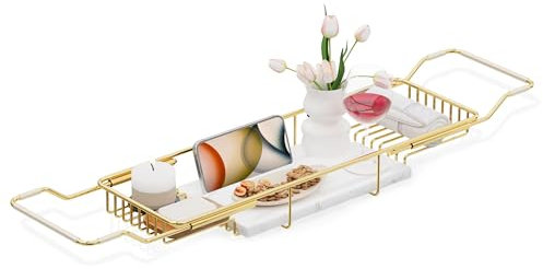 BVL Gold Bath Tray, Stainless Steel Bath Board with White Marble, Adjustable Bath Rack Bath Shelf Bath Trays for Across The Bath Organizer Storage