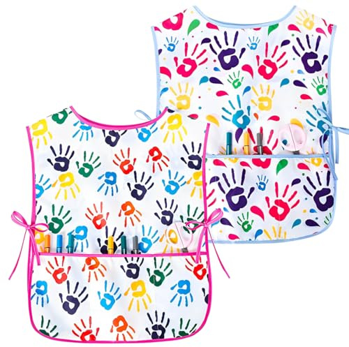 WUSJCOF Lot de 2 tabliers de peinture pour enfants, imperméables, sans manches, avec poches, pour garçons et filles de 2 à 7 ans