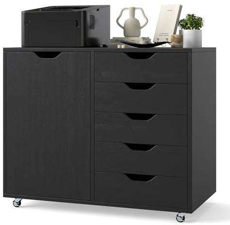 COSTWAY Mobile File Cabinet, 4/5 Drawers Lateral Stationery Storage Organiser Chest with Wheels and 1/2 Doors, Home Office Printer Stand Side Filing Cupboard (Black-5 Drawers, 78 x 40 x 65cm)