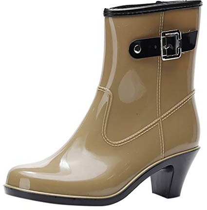 LOIJMK Bottes en caoutchouc pour femme - Avec talon - Bottes de pluie mi-hautes - Bottes de travail imperméables - Bottes de jardin - Bottes de pêche