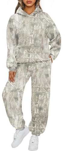 ACCPUR 2 Piece Camo Sweatsuits for Women Oversized Maple Leaf Hoodies Sets Graphic Sweatshirts Tracksuits Fleece Fall Outfits