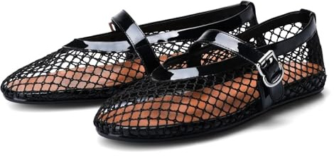 Barley Direct Mesh Ballet Flats for Women Fishnet Ballerina Flats Buckle Strap Mesh Ballet Shoes Wide Width Casual Summer Dress Flat Shoes(Black,6 UK)